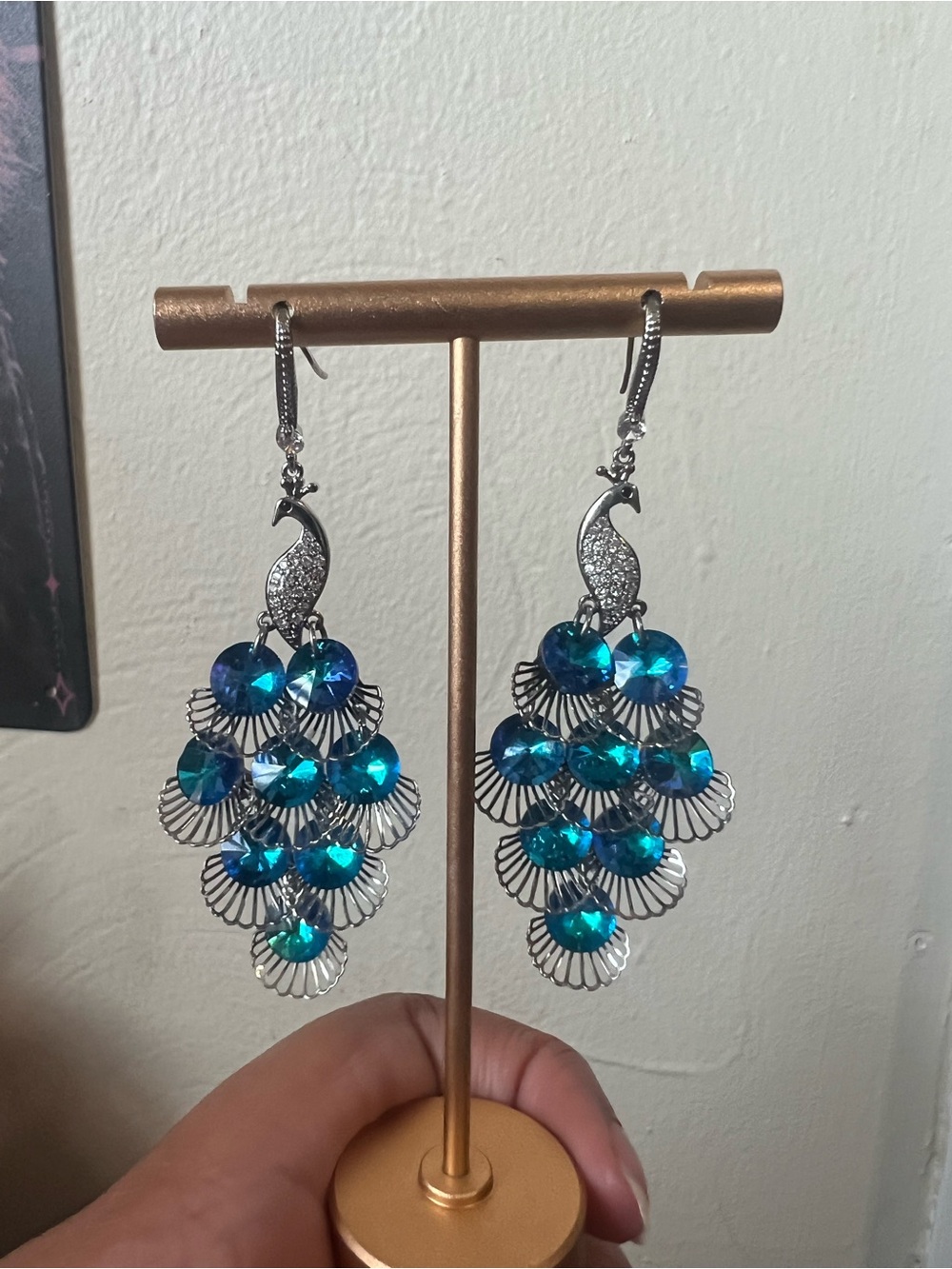 Silver Peacock Teardrop Earrings with Blue Crystal Accents